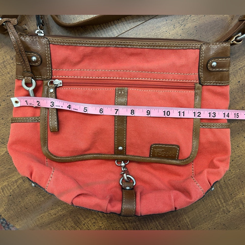 Fossil Red Canvas with Leather Accents Crossbody Purse Handbag Adjustable Strap - Picture 8 of 15